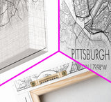 Panoramic Pittsburgh City Map, Pennsylvania Art, Map Print, Minimalist Wall Art, Canvas Art, Housewarming Gift, Street Map Art, Closing Gift