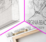 Panoramic Virginia Beach City Map, Virginia Art, Map Print, Minimalist Wall Art, Canvas Art, Housewarming Gift, Street Map Art, Closing Gift