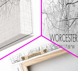 Panoramic Worcester City Map, Massachusetts Art, Map Print, Minimalist Wall Art, Canvas Art, Housewarming Gift, Street Map Art, Closing Gift