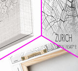 Panoramic Zurich City Map, Switzerland Art, Map Print, Minimalist Wall Art, Canvas Art, Housewarming Gift, Street Map Art, Closing Gift