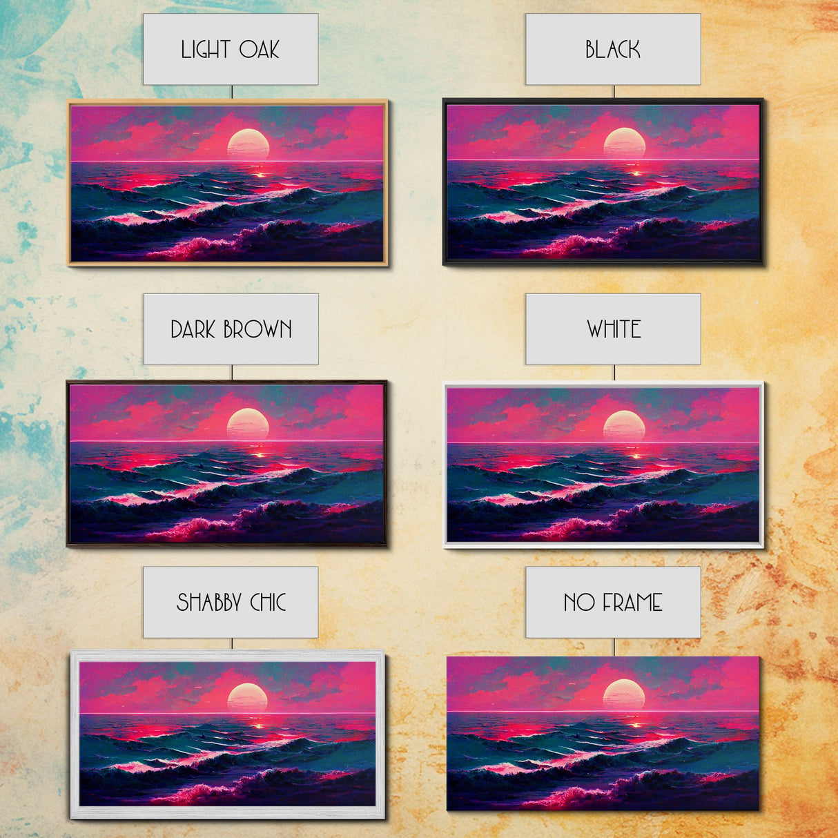 Synth wave sunset wall art, ocean painting canvas print, outrun style, sun set art, wall decor, ocean sunset, beach vaporwave, guest room