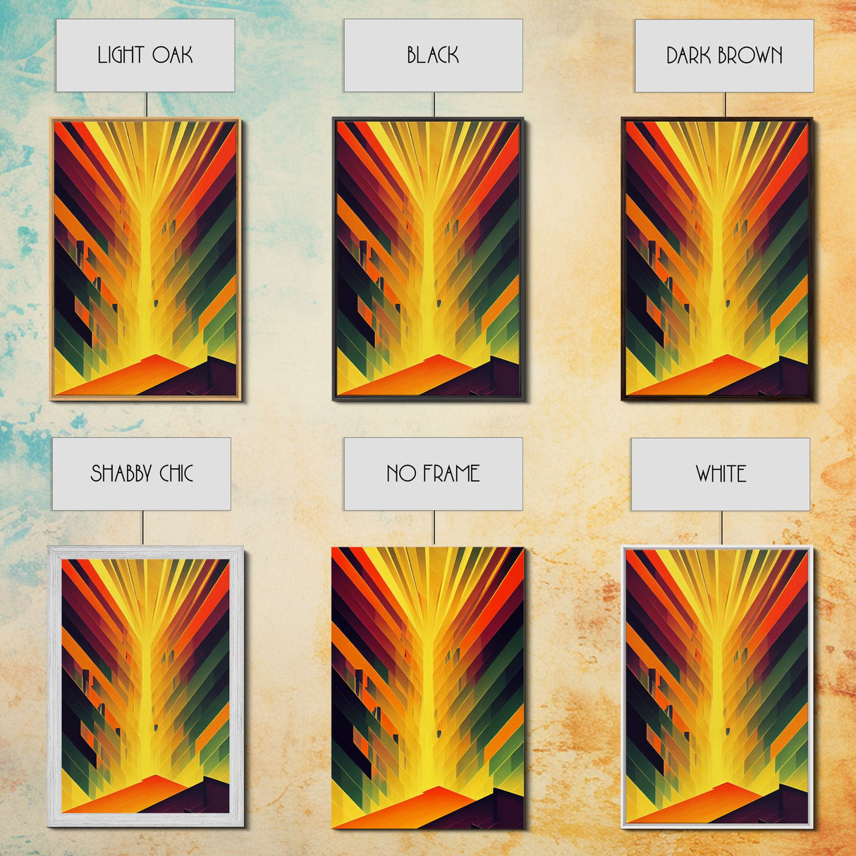 Unique art deco style abstract art, reflections of a sunset through stained glass, framed canvas print