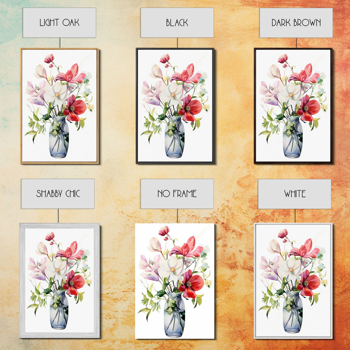 3 Piece Set, Cute Kawaii Floral Print, Flowers In Vases, Framed Wall Art, Canvas Print, Botanical Wall Decor, Dried Flower Large Triptych