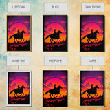 Outrun Style Wildwest Sunset Art, Framed canvas print, framed wall art, retro style western decor