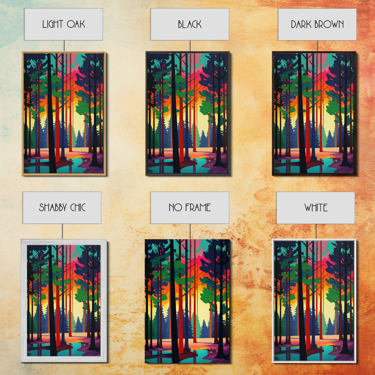 Retro Pine Tree Forest In The Fall, 3 Piece Canvas, 3 Panel Art, Framed Canvas Art, Colorful Abstract / Minimalism Landscape Art