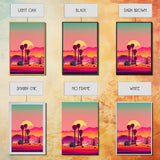 3 Piece Framed Canvas Wall Art, Synthwave / Vaporwave Sunset, Palme Trees and Cactus, Mid Century Modern Home Artwork Boho Decor for Bedroom