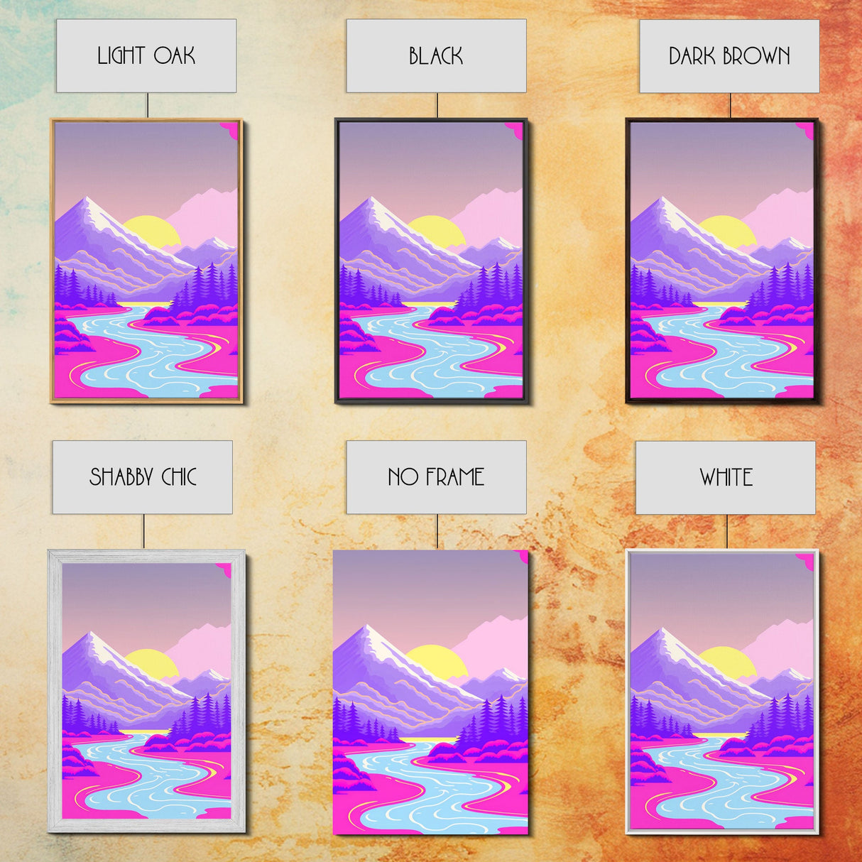 Vaporwave Aesthetic Mountain Landscape Prints, Framed Canvas Art, 3 Panel Art Set, 3 Piece Art, Retro Feel Minimalist Abstract Art