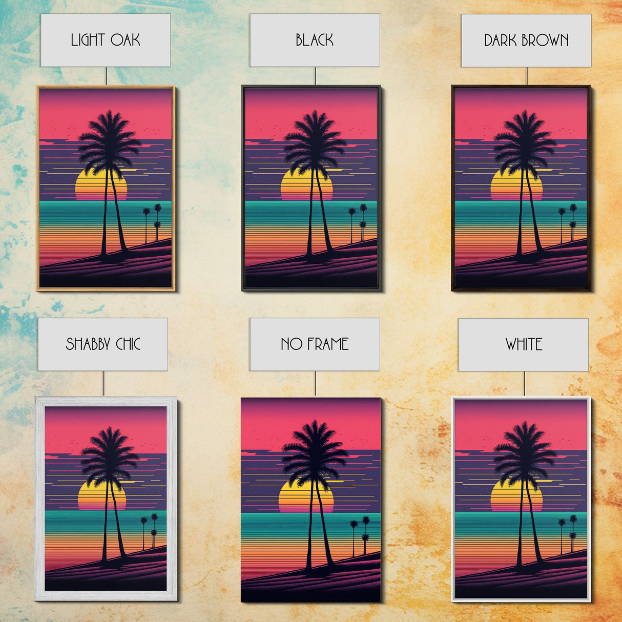 Framed Canvas Print | Art Deco Sunset, Beaches, Pop Art, Palm trees, Retro Style, Island Vibe | Vibrant and Colorful | Retro Style