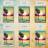 Framed Canvas Print - Art Deco Sunset Scene - Mountains, Palmtrees & Beaches - Retro Style Art - Living Room Decor