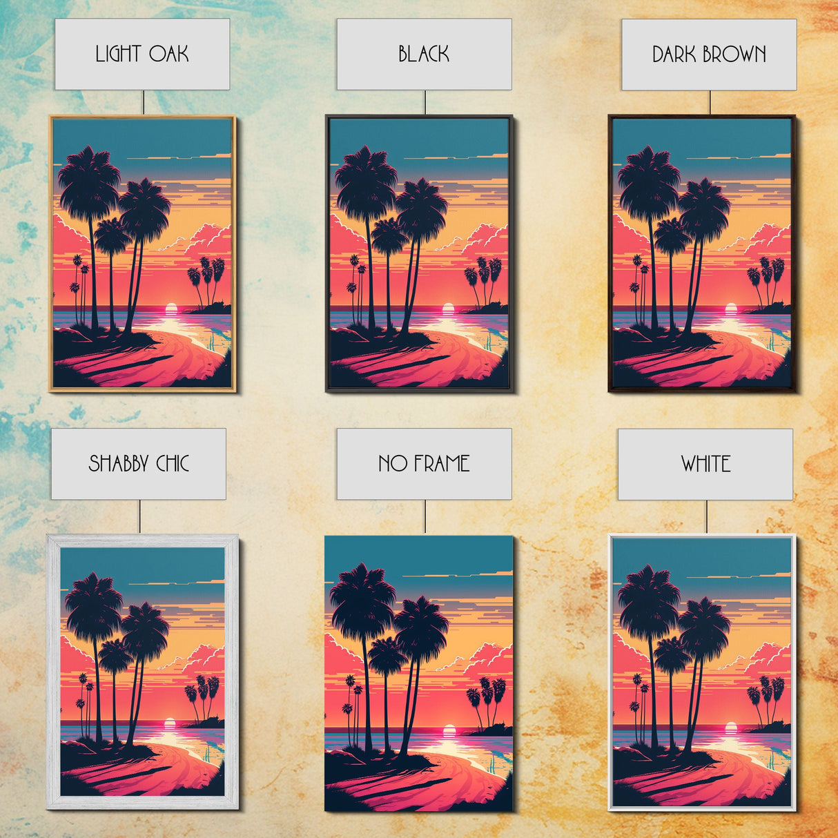 Framed Canvas Print - Art Deco Sunset, Beaches, Minimalist Palm Trees, Retro Synthwave, Vaporwave, 80s Vibes, Gamer Art, Bar Decor