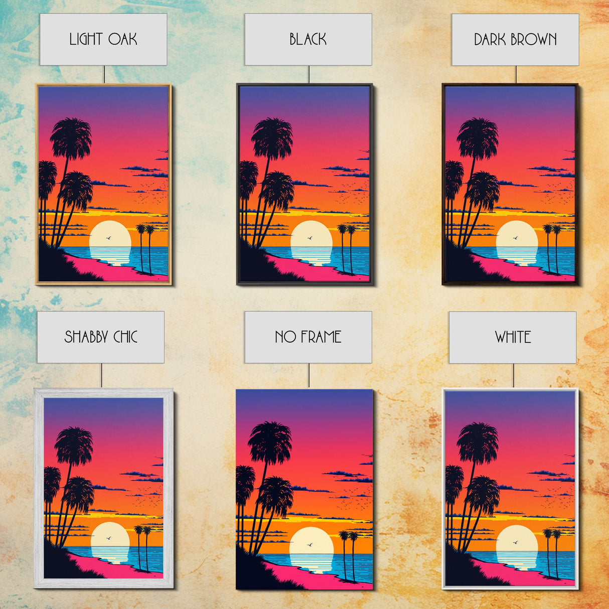 Framed Canvas Print - Art Deco Sunset, Beaches, Minimalist, Palmtrees, Retro Style, Synthwave, Vaporwave, 80s Style Decor, Palme Trees