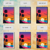 Framed Canvas Print - Art Deco Sunset, Beaches, Minimalist, Palmtrees, Retro Style, Synthwave, Vaporwave, 80s Style Decor, Palme Trees