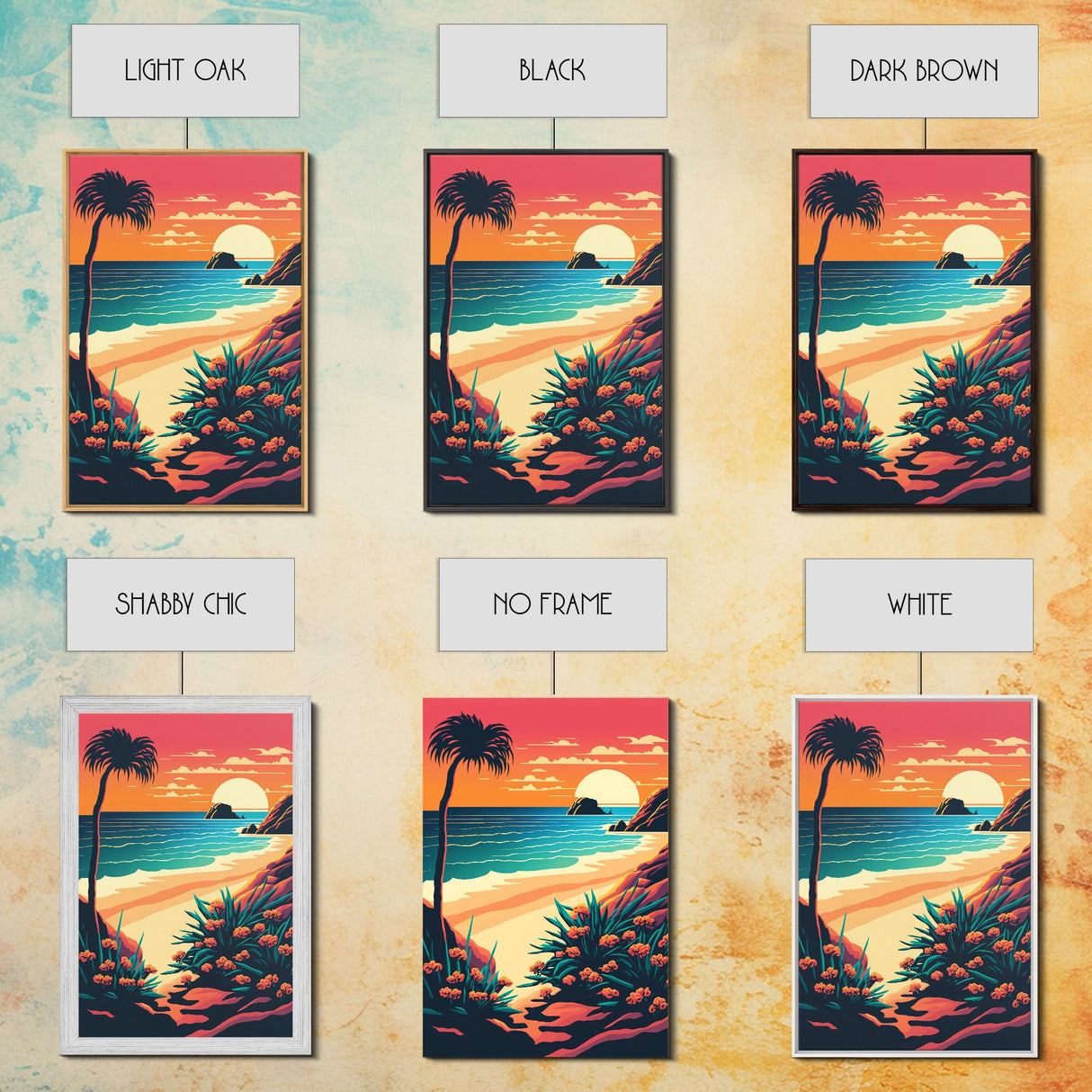 Framed Canvas Print | Art Deco Sunset, Beach, Palm Trees, Retro Style, Synthwave, Vaporwave, Island Vibes, Minimalist Beach Art