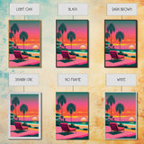 Framed Canvas Print – Art Deco Sunset Beach, Minimalist, Retro, Palm Trees, Synthwave, Vaporwave, Island Vibes, Lounging, Synthwave Deco