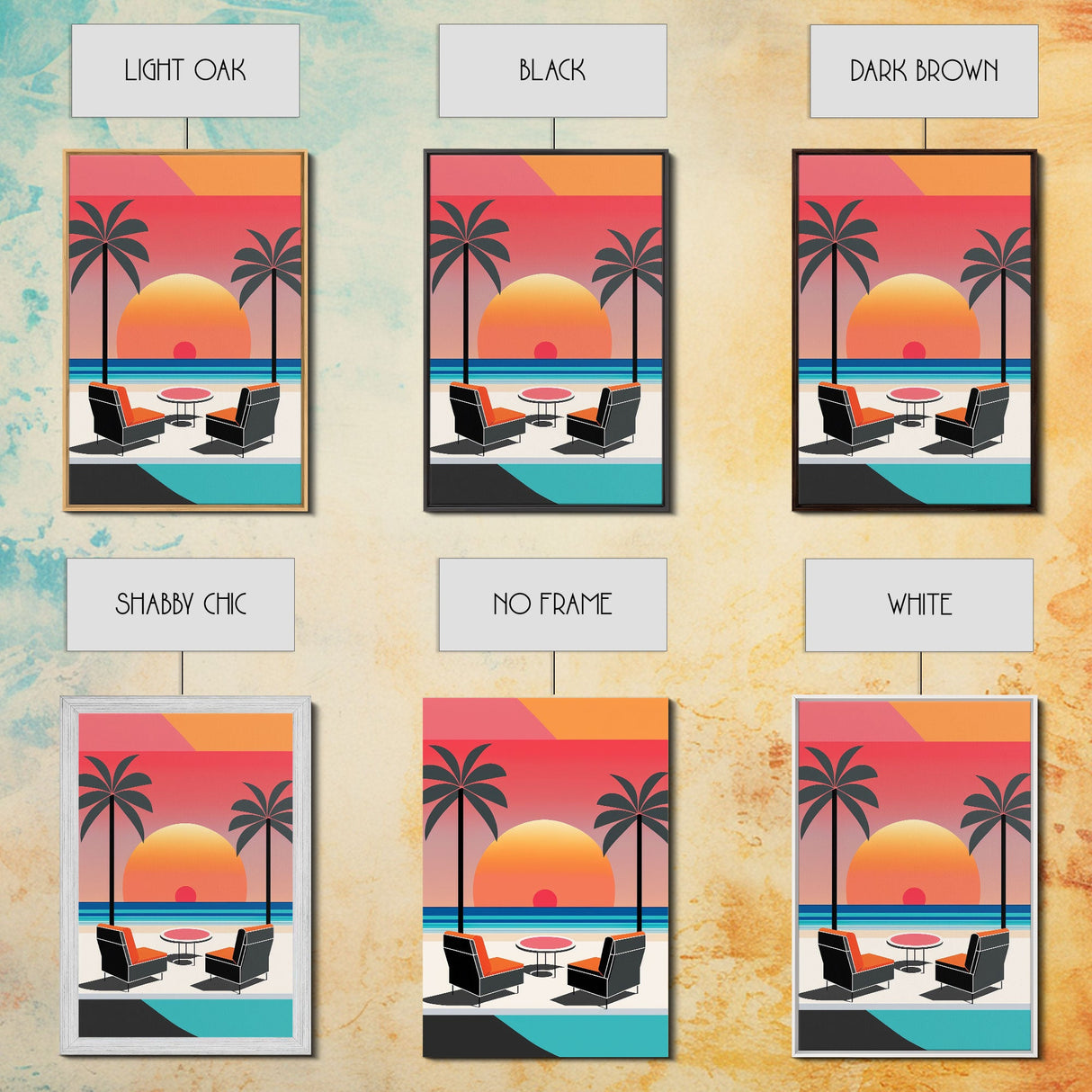 Framed Canvas Print - Art Deco Sunset, Minimalist Beach, Palm Trees, Retro Style, Synthwave, Vaporwave, Minimalist Abstract Decor