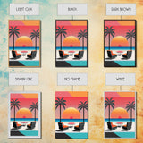 Framed Canvas Print - Art Deco Sunset, Minimalist Beach, Palm Trees, Retro Style, Synthwave, Vaporwave, Minimalist Abstract Decor