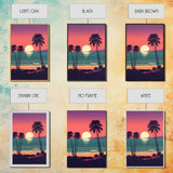 Framed Canvas Print - Art Deco Sunset, Palm Trees, Synthwave Vibes, Beach Decor, Vaporwave Pink Art, Miami Vibes