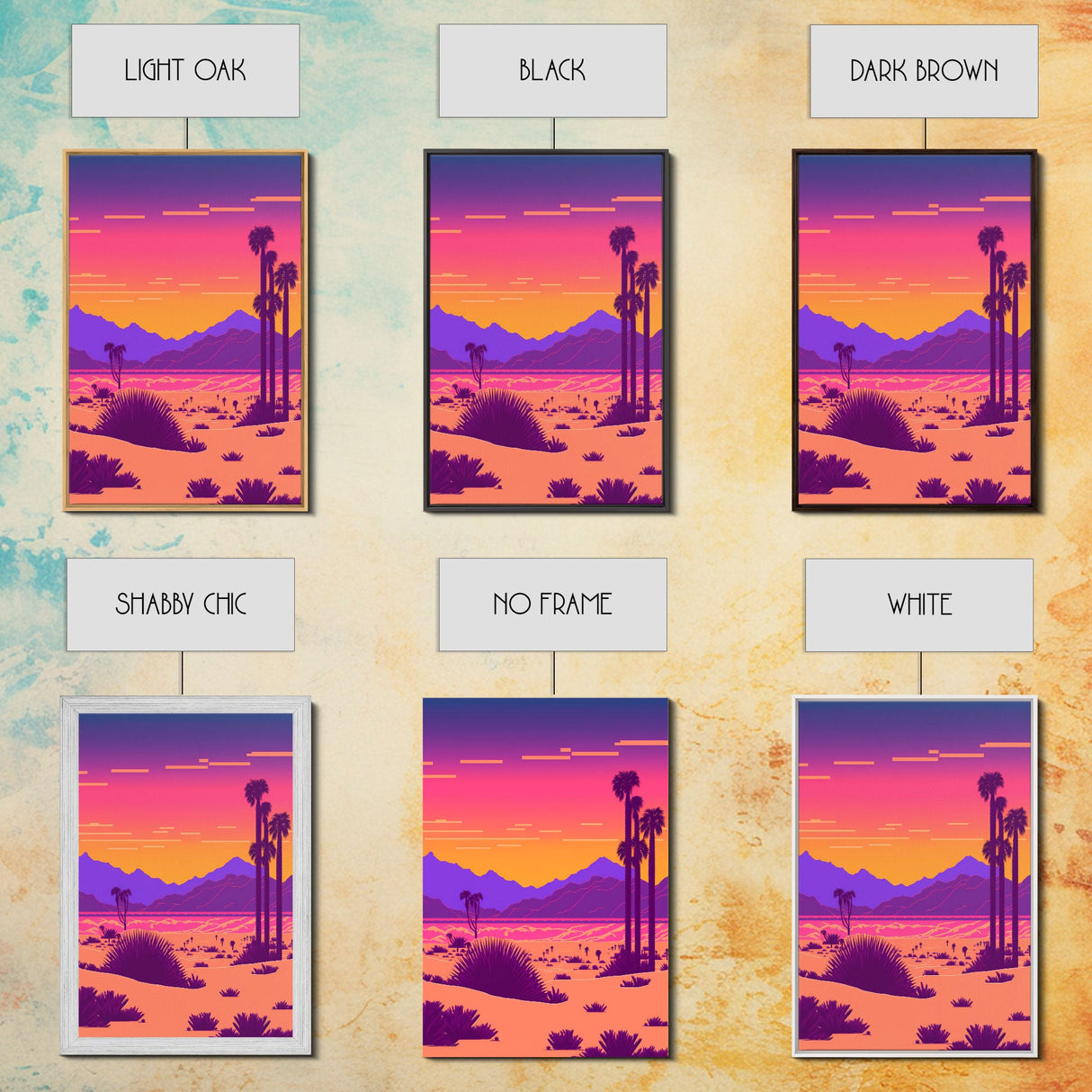 Retro Outrun Style Desert Landscape Print, Framed Canvas Art, Synthwave Style, Southwestern Decor, Western Art, Guest Room Decor