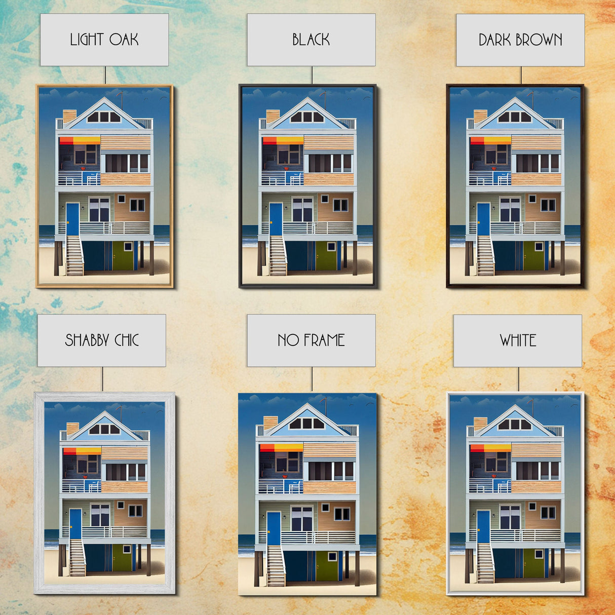 Whimsical Beach House Art, Framed Canvas Print, Cute Retro Beach House Painting, Wall Art