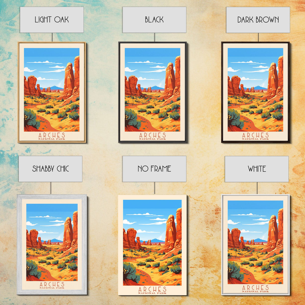 Arches National Park, Framed Wall Art Canvas Print, Travel Poster, Travel Art, Roadtrip Decor, Cool Wall Art, Retro State Park Art