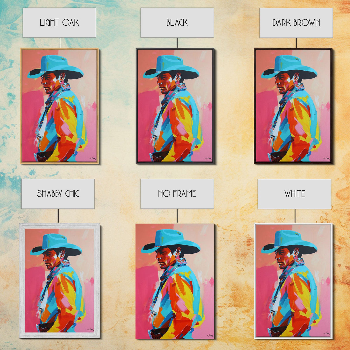 Profile of Stylish Cowboy in Hat - Framed Canvas Print, Colorful Western Art, Bold Cowboy Wall Art for Living Room