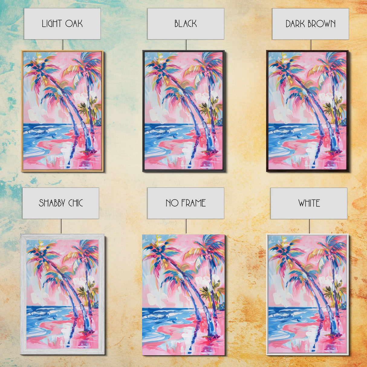 Vibrant Palm Trees and Ocean Waves in Abstract Style - Framed Canvas Print, Coastal Wall Art, Tropical Beach Decor for Living Room