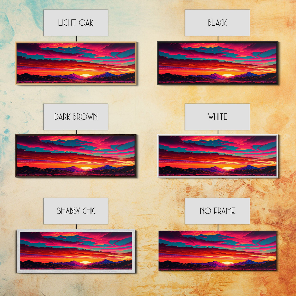 Panoramic Framed Canvas Print | Desert Mountain Landscape Synthwave Sunset | Living Room, Bedroom, Dining Room, Office