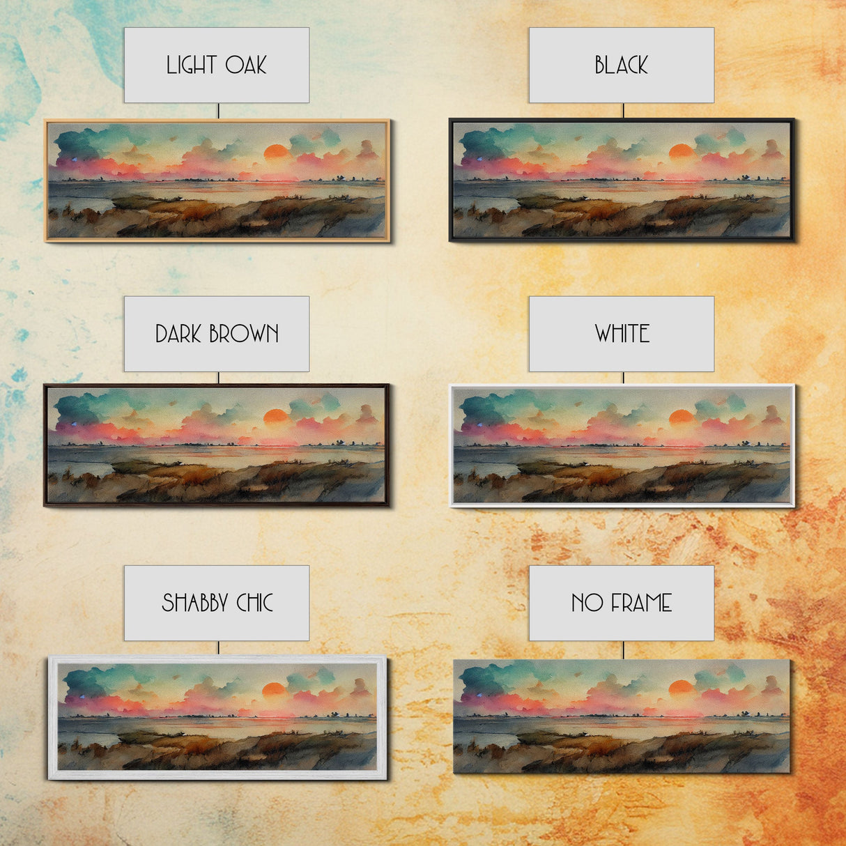 Watercolor Landscape Painting Print, Ready To Hang Panoramic Canvas Print, Whimsical Water Color Sunset, Hazy Smoky Sky