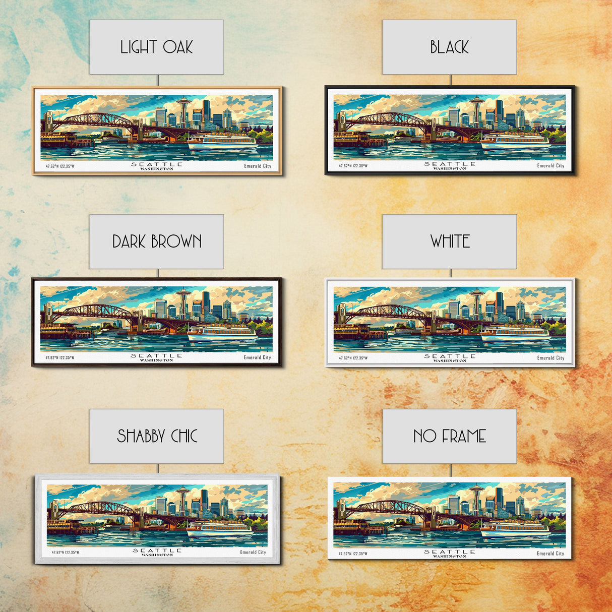 Seattle Washington Panoramic Painting, Mid Century Modern Framed Canvas Print, Retro Style Wall Art, Pop Art Travel Poster