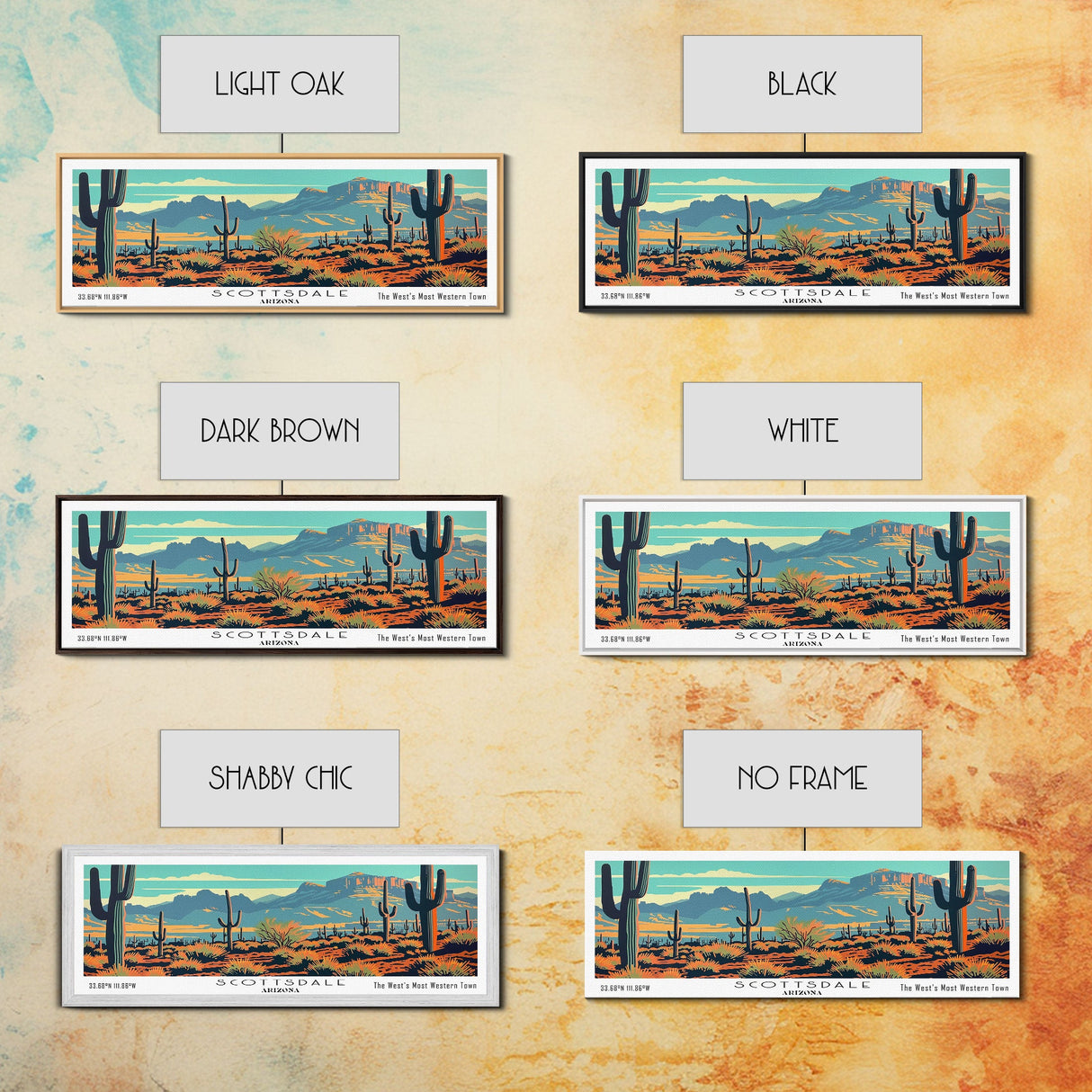 Scottsdale Arizona Panoramic Painting, Mid Century Modern Framed Canvas Print, Retro Pop Art Travel Poster, Cityscape, Home Decor, Office Wall Art