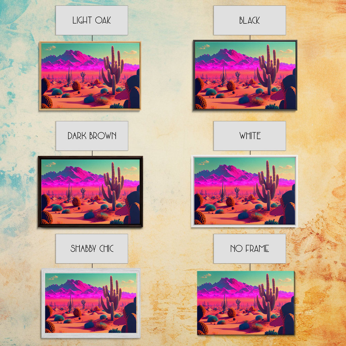 Vaporwave Aesthetic Cactus Art, Retro Desert Abstract, framed canvas print, Arizona art