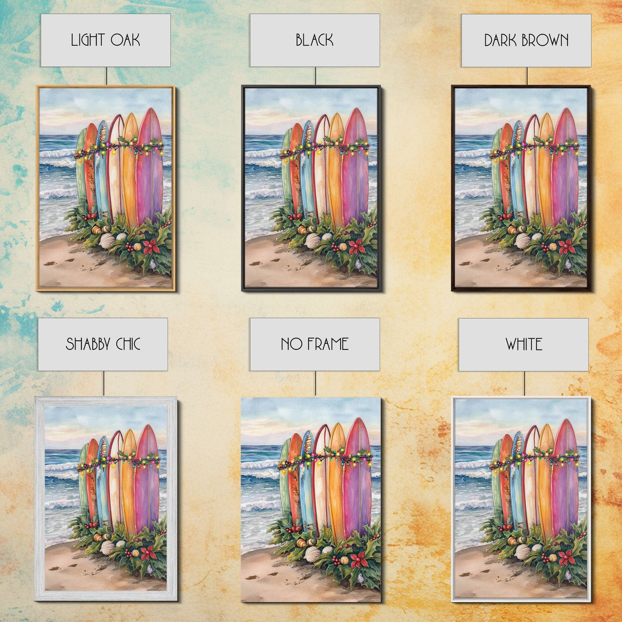 Surf Board Christmas, Framed Canvas Print, Beautiful Trendy Christmas Wall Art With Wood Frame, 2024 Xmas Decor, Christmas 2024