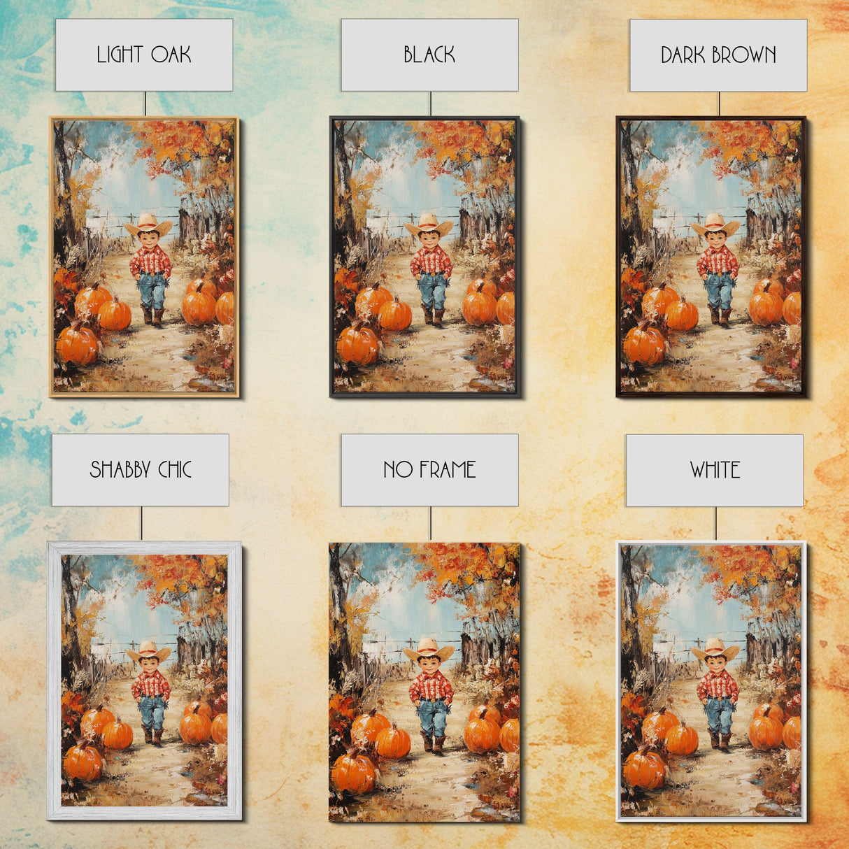 Autumn Cowboy Decor Canvas Print with Pumpkins, Fall Holiday Wall Art and Seasonal Gift Idea 2024