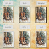 Rustic cowboy boots by Christmas tree, Framed Canvas Print, farmhouse Christmas decor, cozy holiday wall art, western style home decor