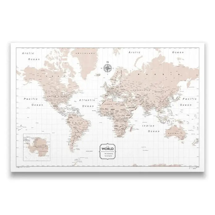 Push Pin World Map Pin Board - Light Brown Color Splash - Pins Included!