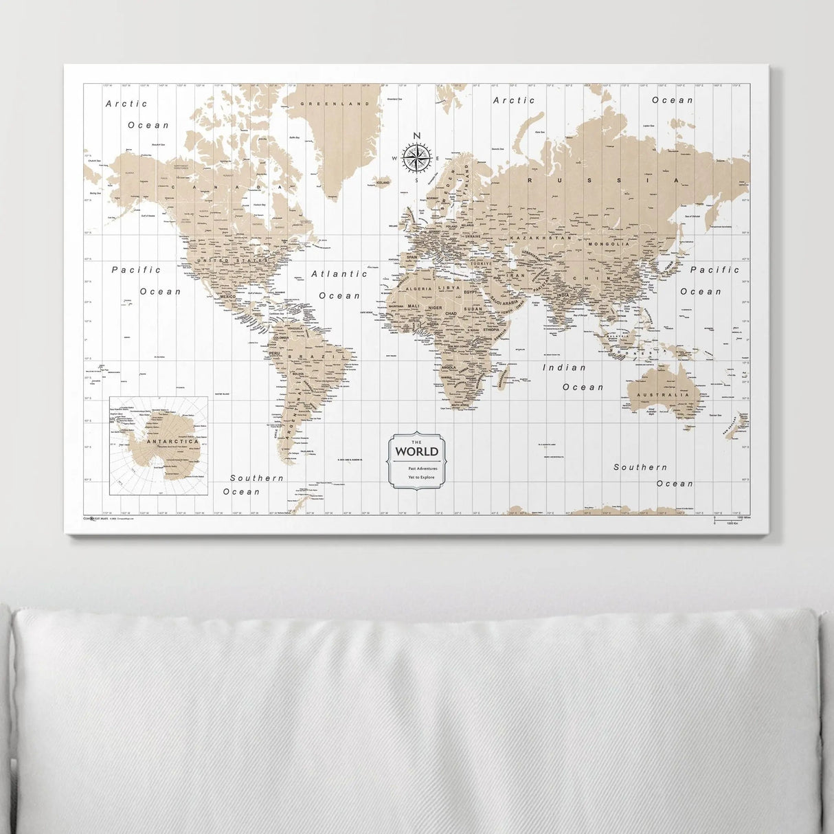 Push Pin World Map Pin Board - Light Brown Color Splash - Pins Included!