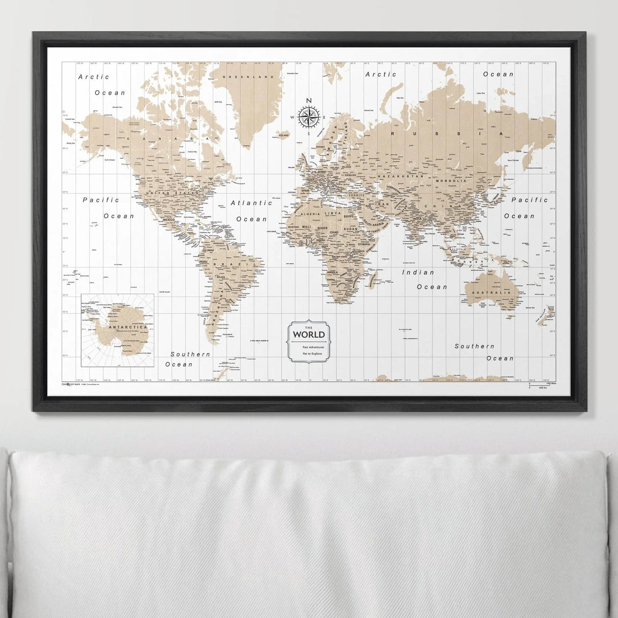 Push Pin World Map Pin Board - Light Brown Color Splash - Pins Included!