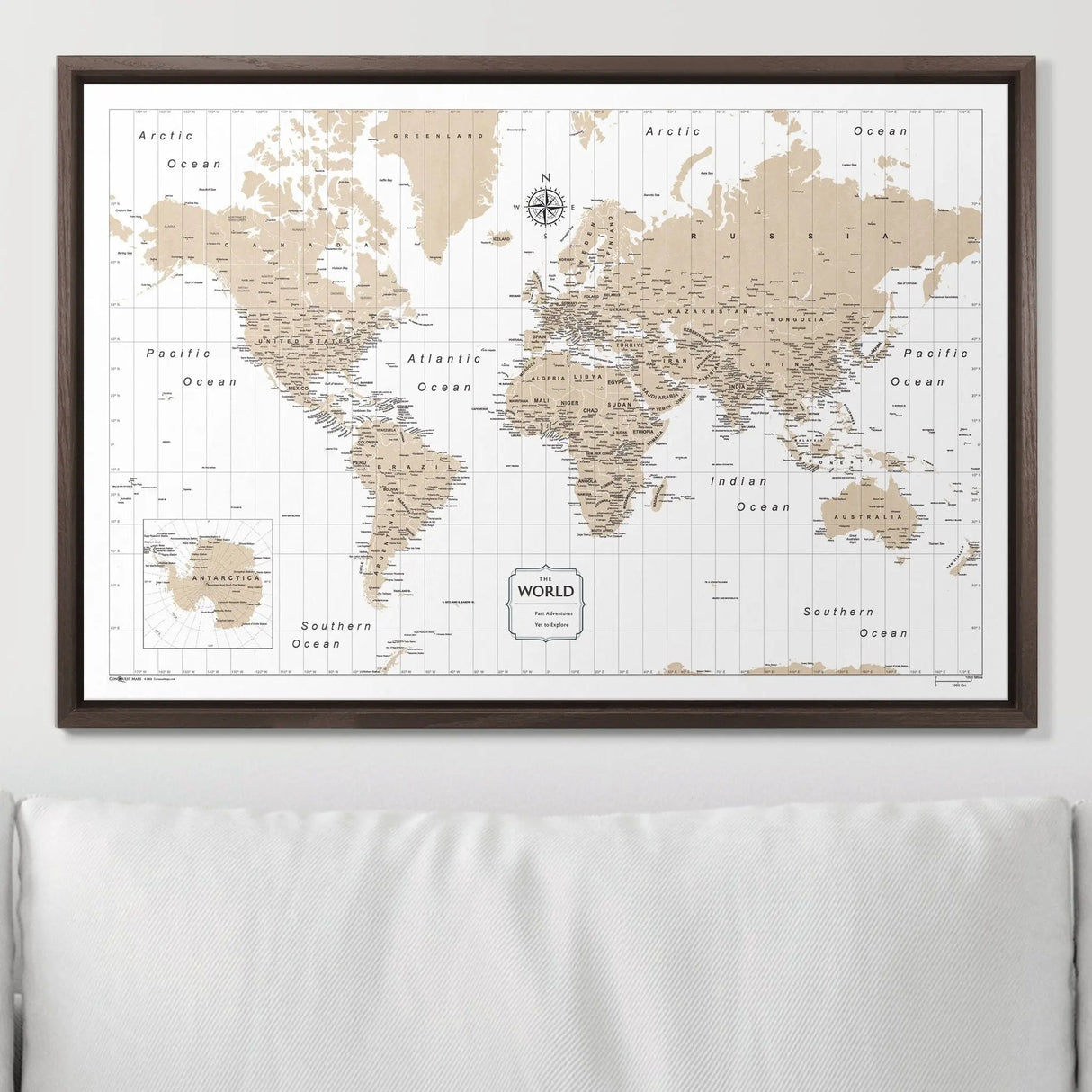 Push Pin World Map Pin Board - Light Brown Color Splash - Pins Included!