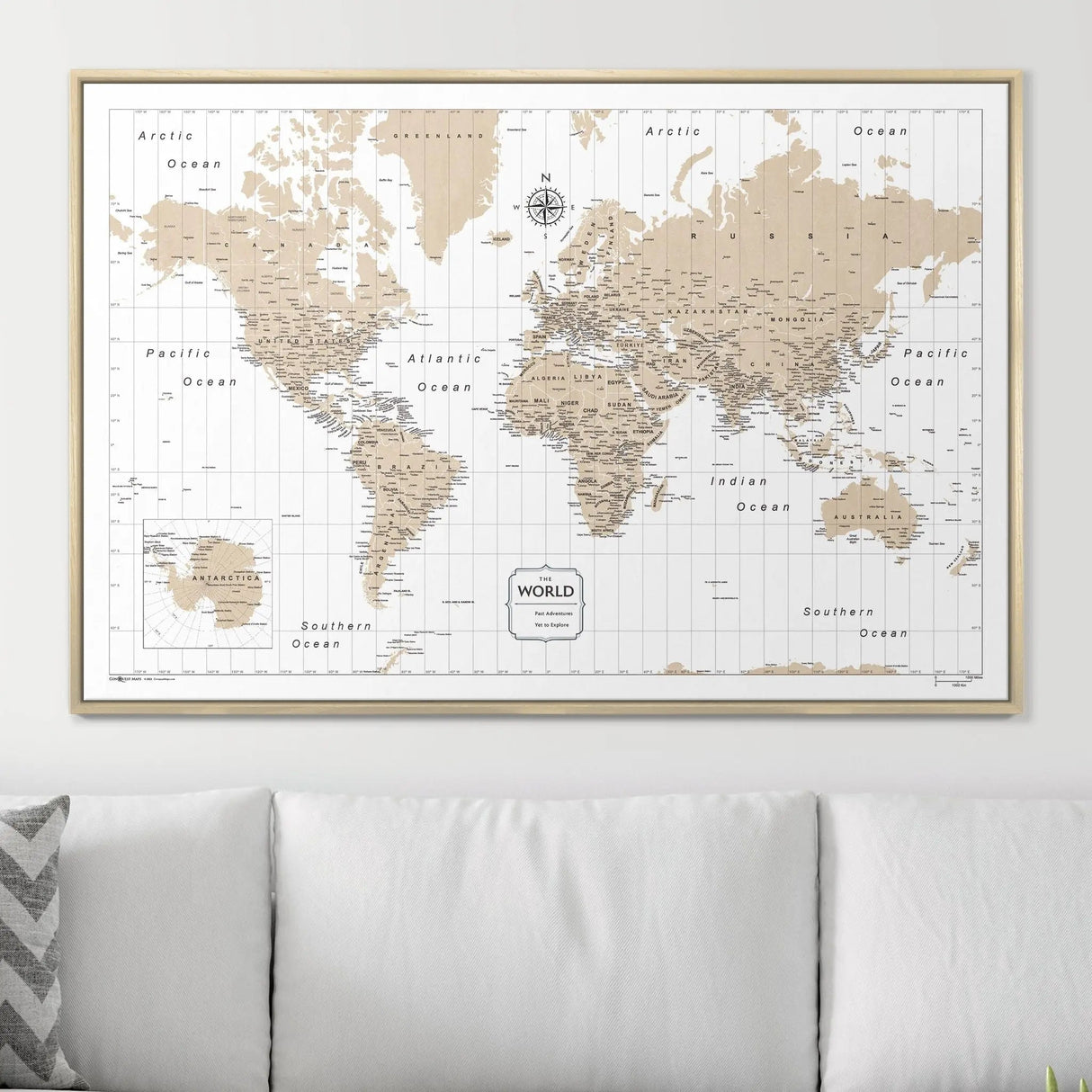 Push Pin World Map Pin Board - Light Brown Color Splash - Pins Included!