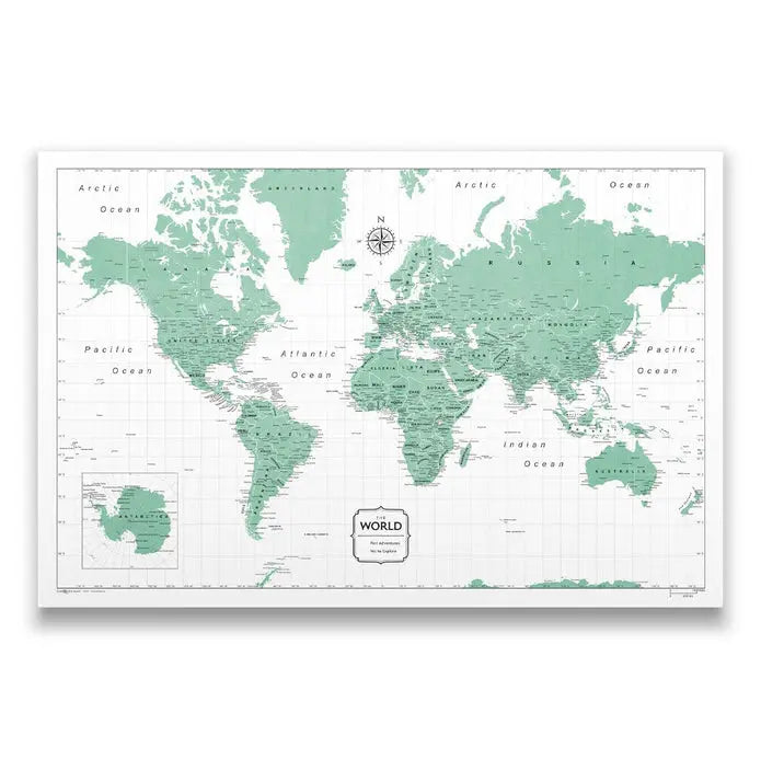 Push Pin World Map Pin Board - Green Color Splash - Pins Included!