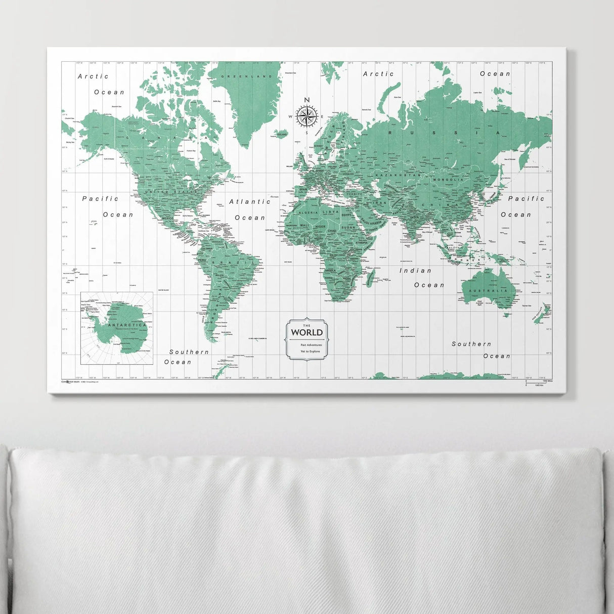 Push Pin World Map Pin Board - Green Color Splash - Pins Included!