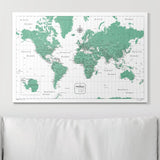 Push Pin World Map Pin Board - Green Color Splash - Pins Included!