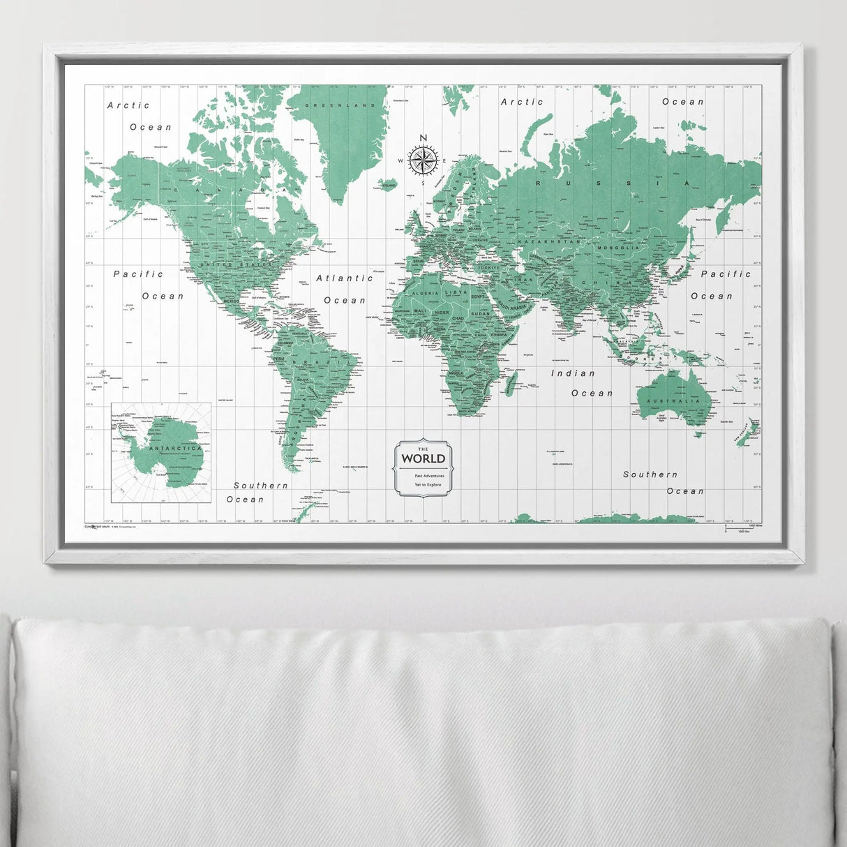 Push Pin World Map Pin Board - Green Color Splash - Pins Included!