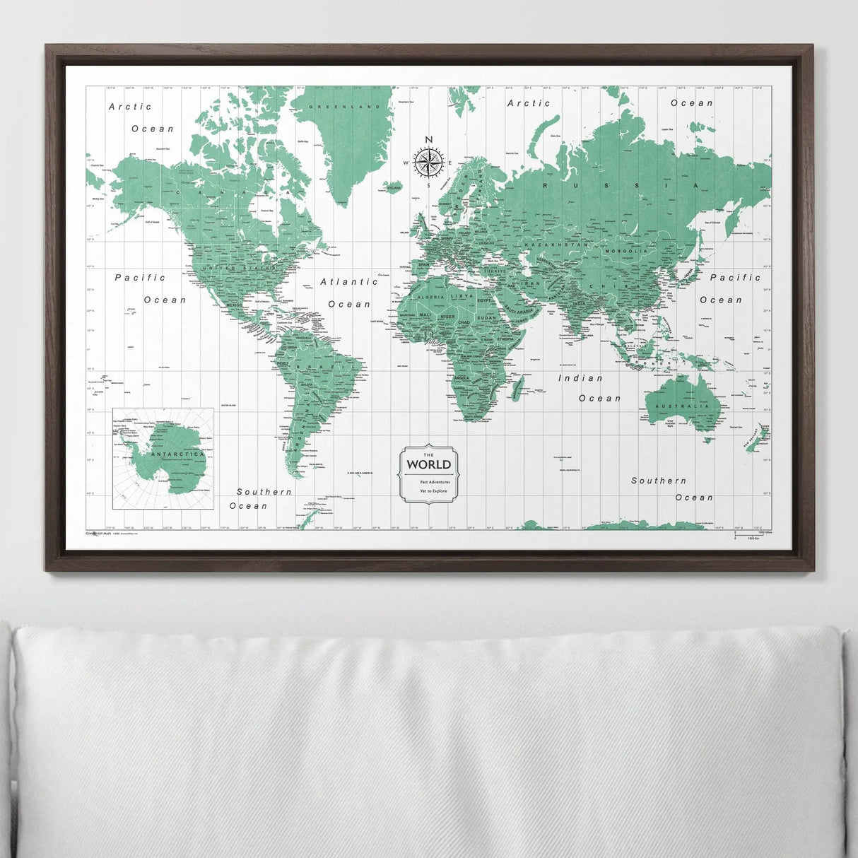 Push Pin World Map Pin Board - Green Color Splash - Pins Included!