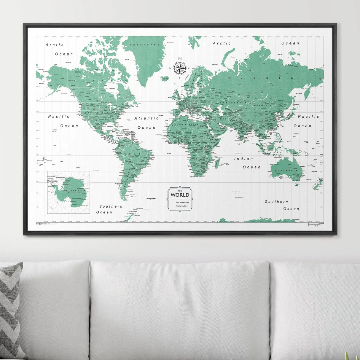 Push Pin World Map Pin Board - Green Color Splash - Pins Included!