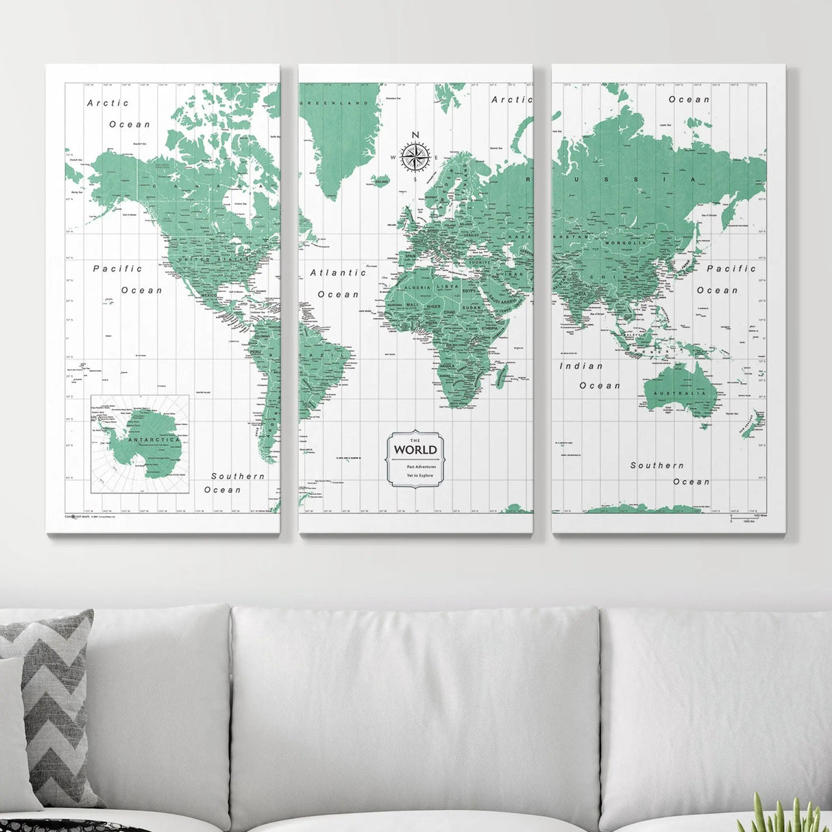 Push Pin World Map Pin Board - Green Color Splash - Pins Included!