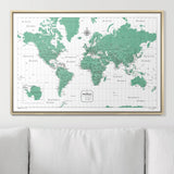 Push Pin World Map Pin Board - Green Color Splash - Pins Included!