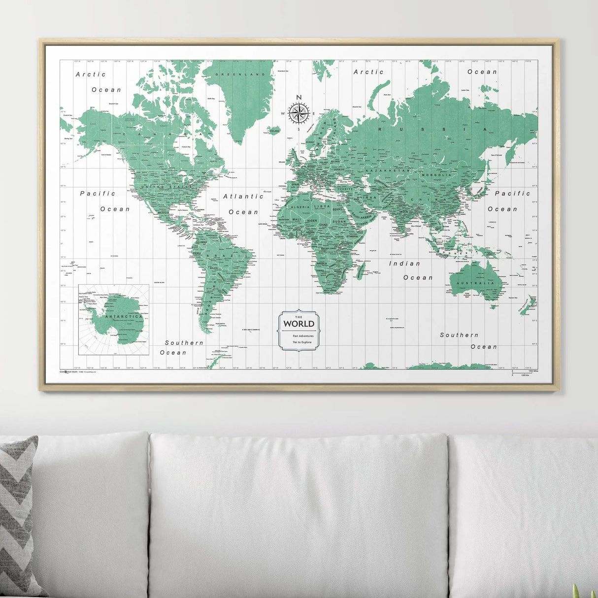 Push Pin World Map Pin Board - Green Color Splash - Pins Included!