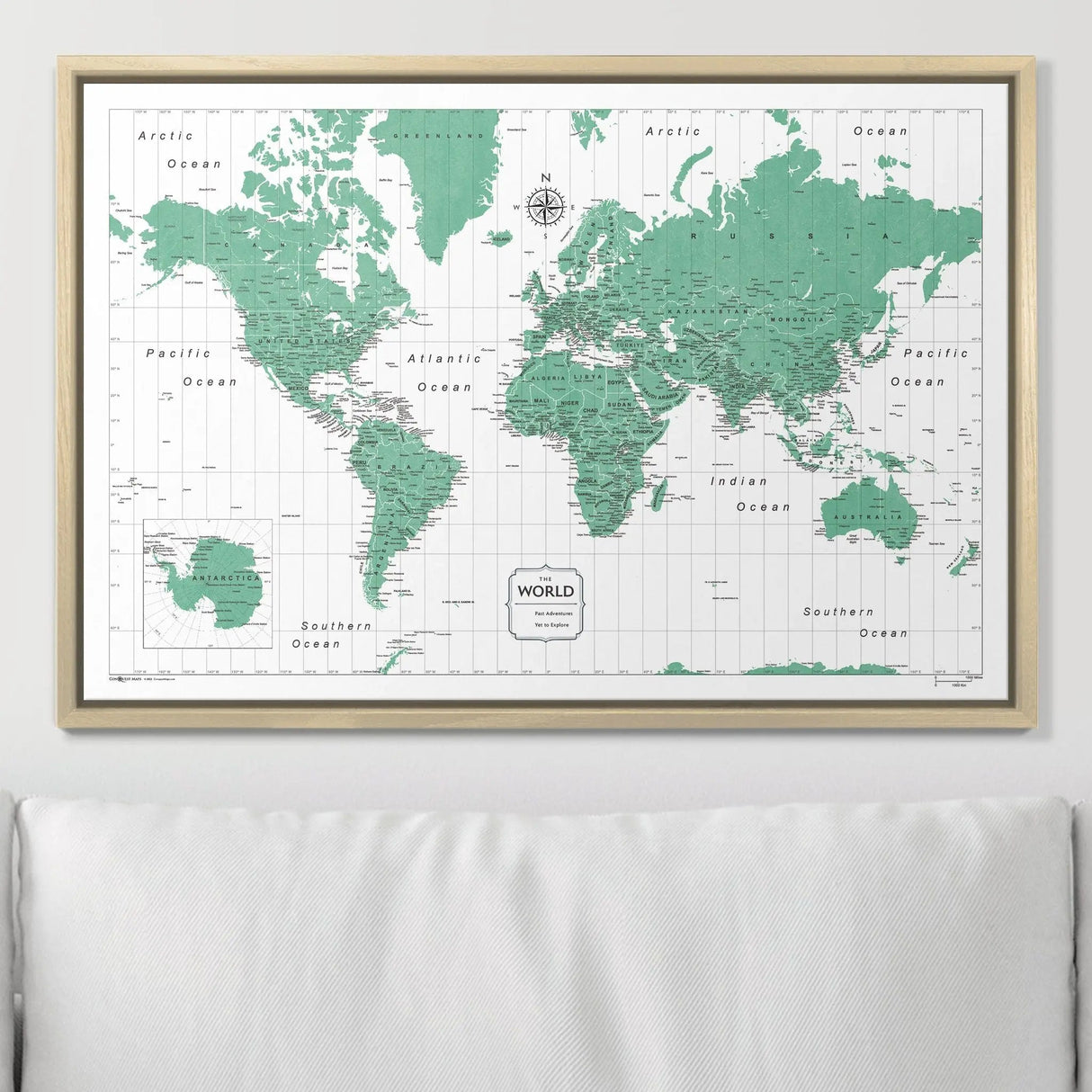 Push Pin World Map Pin Board - Green Color Splash - Pins Included!