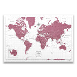 Push Pin World Map Pin Board - Burgundy Color Splash - Pins Included!